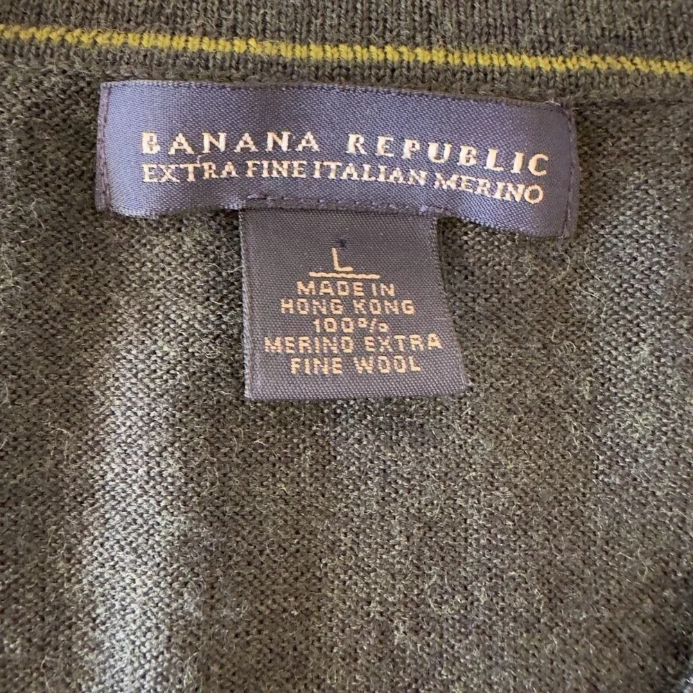 Banana Republic Mens L Extra Fine Italian Merino Wool V-Neck Sweater Gray Green